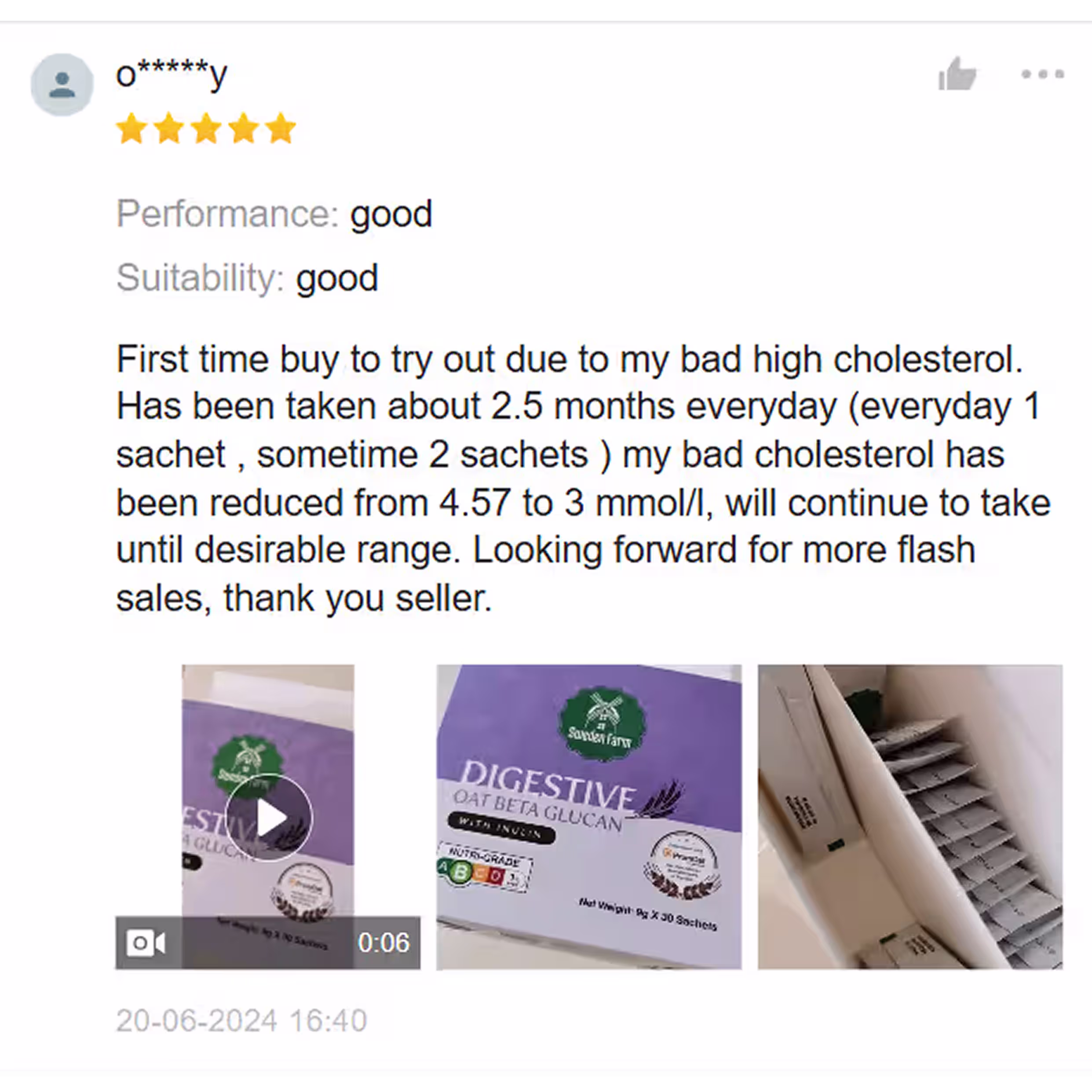 Customer review reporting LDL cholesterol changing from 4.57 to 3 mmol/L